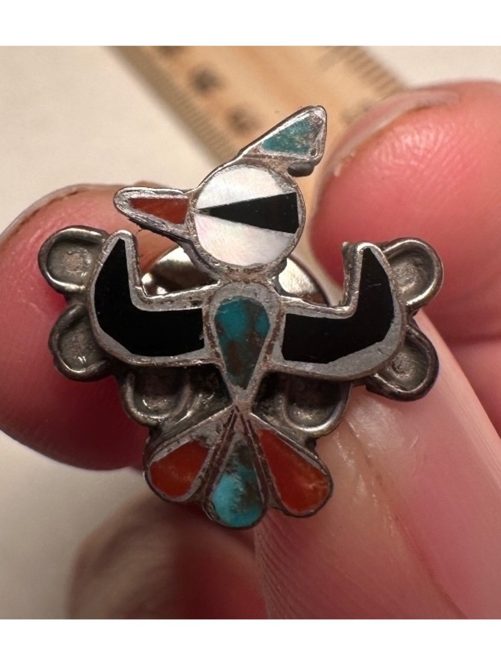 Vtg Native American Zuni Sterling Turquoise Coral Inlay Water Bird Pin 3g